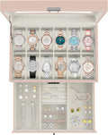 Ogrmar 12 Slot PU Leather Lockable Watch Storage Boxes, Men & Women Jewelry Display Drawer Case, 2-tier Organizer Watch Showcase with Glass Lid (Pink)