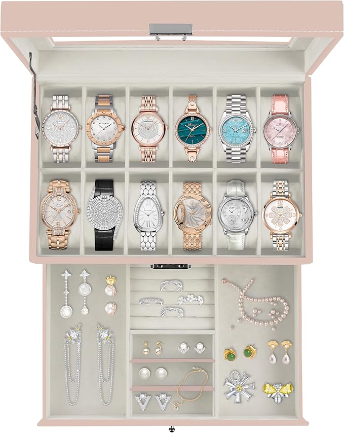 Ogrmar 12 Slot PU Leather Lockable Watch Storage Boxes, Men & Women Jewelry Display Drawer Case, 2-tier Organizer Watch Showcase with Glass Lid (Pink)