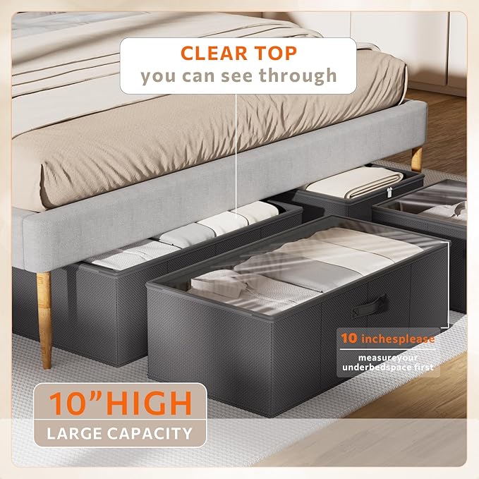 Chizjox 10inch 3 Pack Under Bed Storage Containers, 10 Inch Tall Underbed Clothes Storage Organizer Bin with Clear Window，Foldable Box Basket for Clothes, Closet, Bed Sheets and Blankets Black