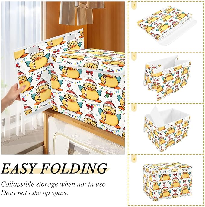 Christmas Duck Cute Pattern Storage Bins with Lids Foldable Storage Basket with Handles Collapsible Large Fabric Organizer Containers for Clothes Shelves Closet Office Home