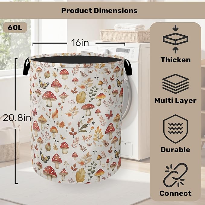 Fall Mushroom Laundry Hamper - Waterproof Fabric Laundry Basket with Handles, Foldable Storage Basket for Laundry,Bedroom,Dorm