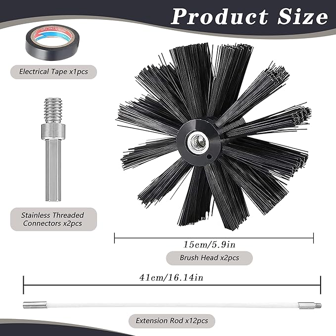 Chimney Sweep Kit Chimney Brush Kit Chimney Cleaning Kit, 16FT Dryer Vent Cleaner Kit Duct Cleaning Tools, Dryer Vent Cleaning Kit Fireplace Chimney Brushes-12pcs Flexible Rods, 2pcs 6in Chimney Brush