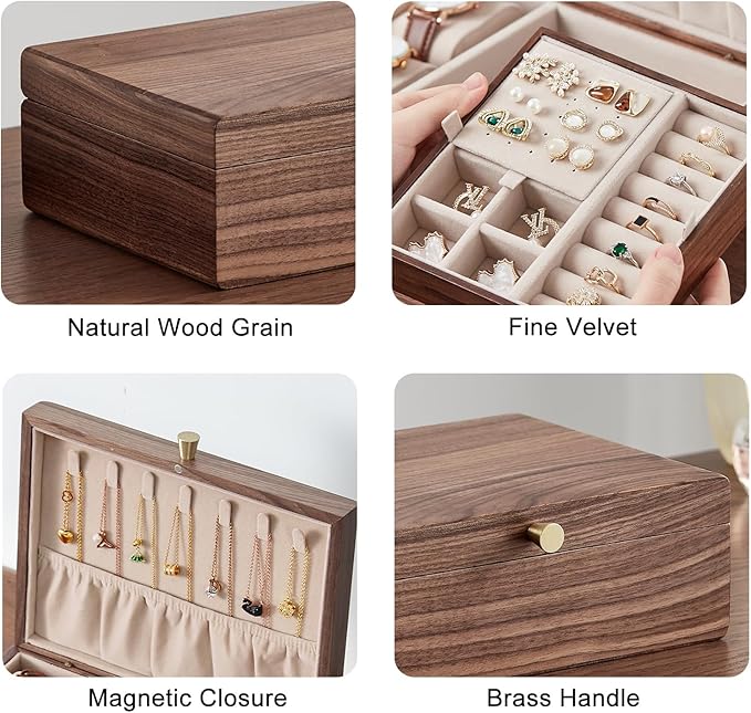 Homruilink Black Walnut Wooden Jewelry Box for Women 2 Layer Jewelry Organizer with Removable Tray for Watches Rings Earrings Necklace Bracelets Birthday Christmas Gifts
