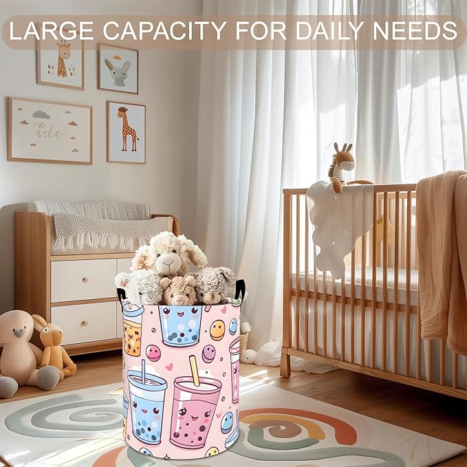 Bubble Tea Laundry Basket Hamper 19.7"x15.8", Boba Drink Foldable Waterproof Oxford Clothes Storage Bucket for Room Bathroom Bedroom Nursery Decor, Toy Organizer Bins Gifts for Kids Boys Girls
