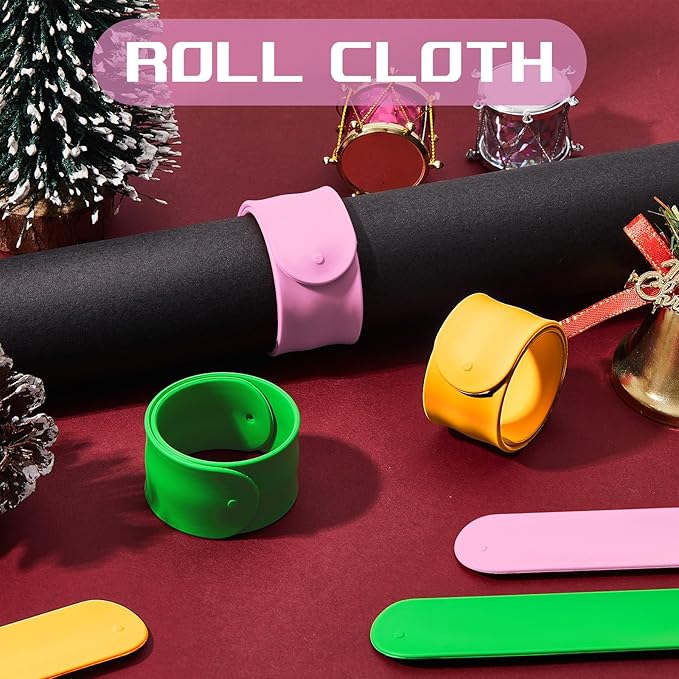 Charniol 12 Pieces Wrapping Paper Roll Holder Holiday Flip Wraps Silicone Covered Metal Strips Flip 1 x 9 Inch Stabilizer Slap Band for Poster Gift Paper Vinyl Storage Organize (Green,Yellow,Pink)