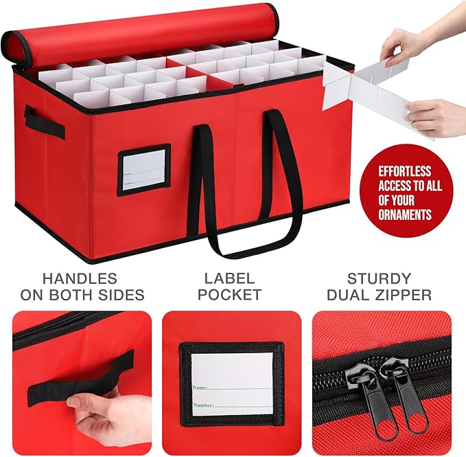 EIMMBD Christmas Ornament Storage Box and Bag, 3-Tray Organizer, Red, Large, 128 Ornaments, Waterproof, Zipper Closure