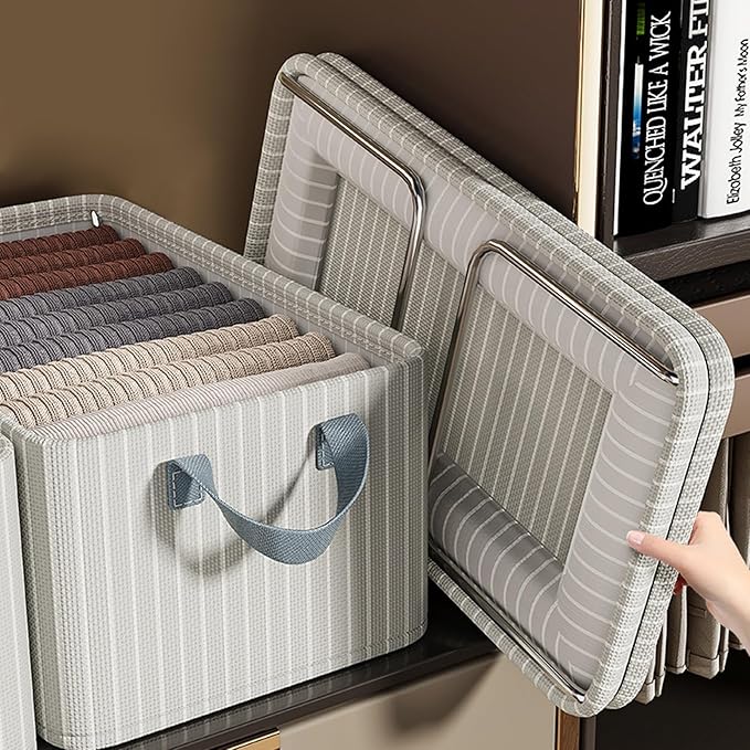 4PCS Closet Clothes Organizer Dustproof Sturdy Storage Baskets Bins 26L Foldable Shelf Containers Bin Support Boards Dust Lid Steel Frame for Sweater Pants T-shirt Dress (Gray-white Stripes - No Lid)