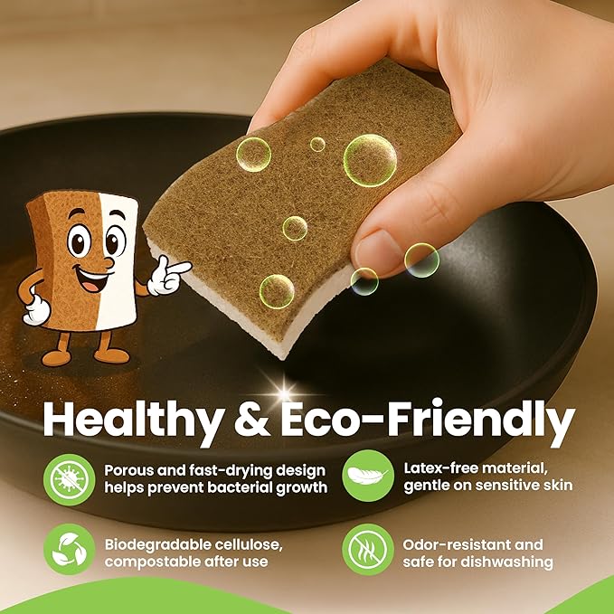 Super Eco Natural Kitchen Sponges Pack of 12 - Biodegradable Compostable Cellulose & Coconut Scrubber Sponge with Non-Scratch - Long Lasting, Eco Friendly Sponges for Dishes, Heavy Duty Dish Scrubber