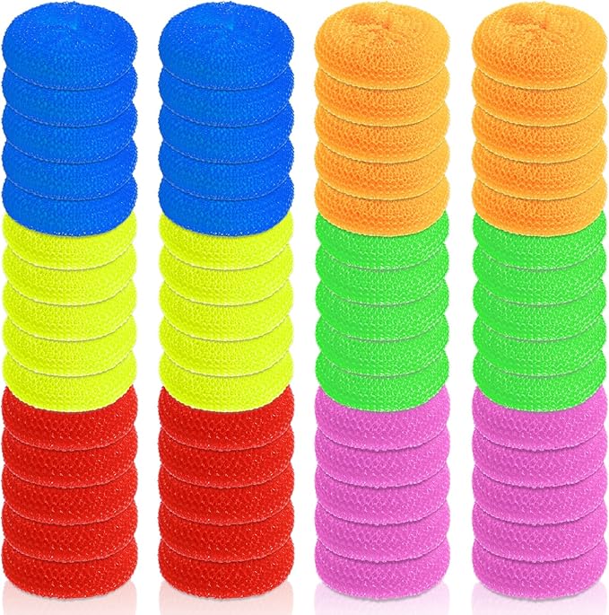 Acshio 60 Pack Plastic Dish Scrubbers, Round Mesh Scouring Non Scratch Pads, Assorted Color Reusable Nylon Dish Pot Washing Poly for Kitchen Household Cleaning, 6 Colors
