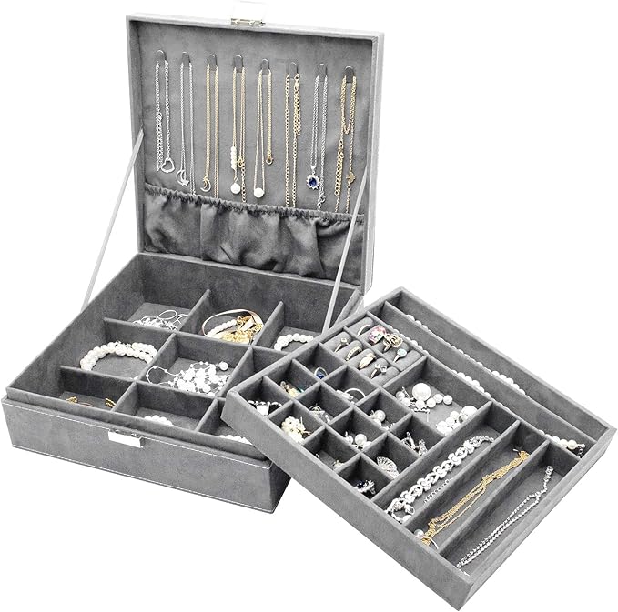 ProCase Velvet Jewelry Box Organizer for Women, 2 Layer Jewelry Display Storage Holder Case for Necklace Earrings Bracelets Rings -Grey
