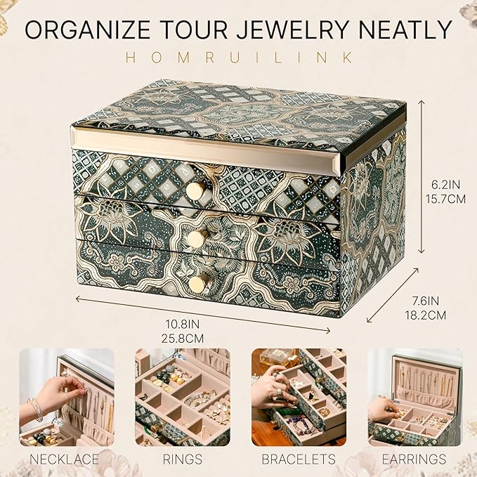 High End Glass Jewelry Box - 3 Layer Jewelry Organizer - Velvet-Lined Case For Ring, Necklace, Earring, Bracelet Storage - Black Gold Floral - Valentine's Day Gifts For Women