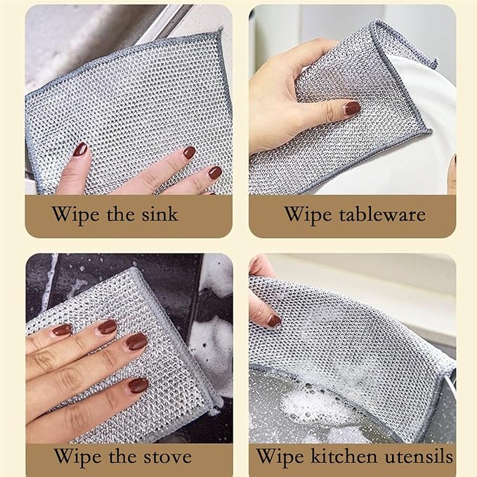 xingjieyun 10-Pack Double-Layer Dry/Wet Dual-Use Metal Wire Non-Scratch Cloth Multi-Purpose Magic Cleaning Cloth Silver Wire Dish Cloth for Cookware, Tableware, Sink, Stove Cleaning, etc.(10PCS)