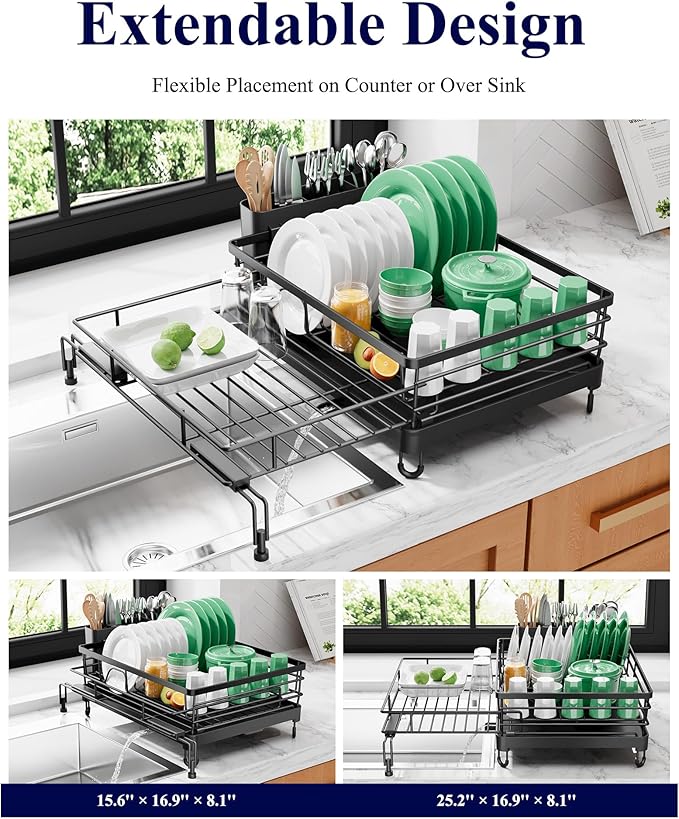 Kitsure Extendable Dish Drying Rack - Rust-Resistant Dish Racks for Kitchen Counter with Adjustable Support Legs, Cutlery Holder & Removable Draining Tray (Black, 15.6''-25.2''L × 16.9''W × 8.1''H)