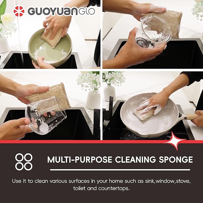 GUOYUANGLO Bamboo Kitchen Sponges Heavy Duty Natural Cleaning Sponges Non-Scratch Dish Sponge for Dishes, Pots and Pans-Beige,6 Pack