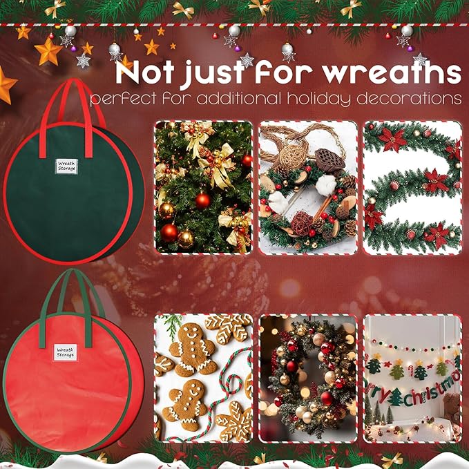 Criusia Wreath Storage Container, 2 Pack Christmas Wreath Storage Bag with Sturdy Handle, Two-way Zipper,Durable Wreath Storage Organizer Box for Holiday Decoration (Green, 30"x8")