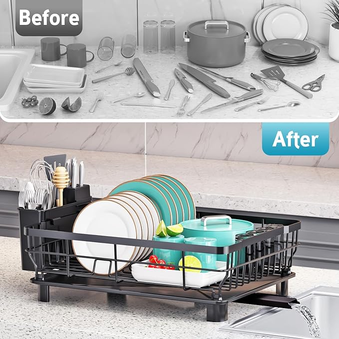 Ricobes Dish Drying Rack - Space Saving Dish Rack - Dish Racks for Kitchen Counter with Drainboard,Rustproof Dish Drainer with Removable Utensil Holder,Black