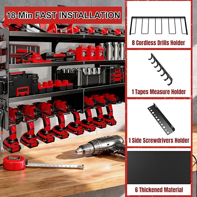 33" W Power Tool Organizer with Charging Station, 4 Layers Heavy Duty Metal Tool Storage Rack Wall Mount 8 Cordless Drill Holder with 4 Power Strip, Battery Organizer for Garage, Workbench,Tool Room