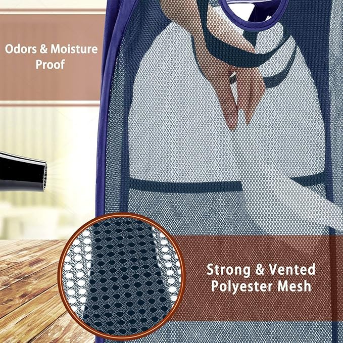 HOUSE AGAIN [Reinforced] Strong Mesh Pop-up Laundry Hamper, Quality Collapsible Laundry Basket with Durable Handles Solid Bottom High Carbon Steel Frame, Easy to Open and Fold Flat for Storage(Blue)