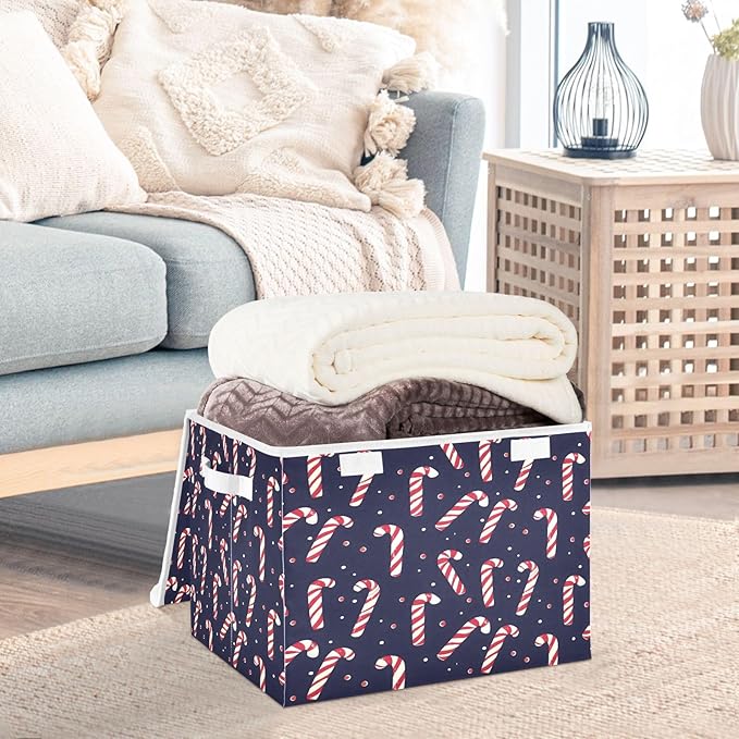 Bolaz Storage Bins with Lids and Handles,Christmas Candy Cane Pattern Storage Box Basket with Cover Collapsible Organizer Containers for Home Closet, Shelves