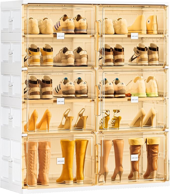 JEKO&JEKO 5-Tier Foldable Shoe Storage Box with Magnetic Doors, Large Stackable Shoe Organizer Cabinet for Entryway, Clear Front Door Shoe Boxes Hold Up to 20 Pairs (White)