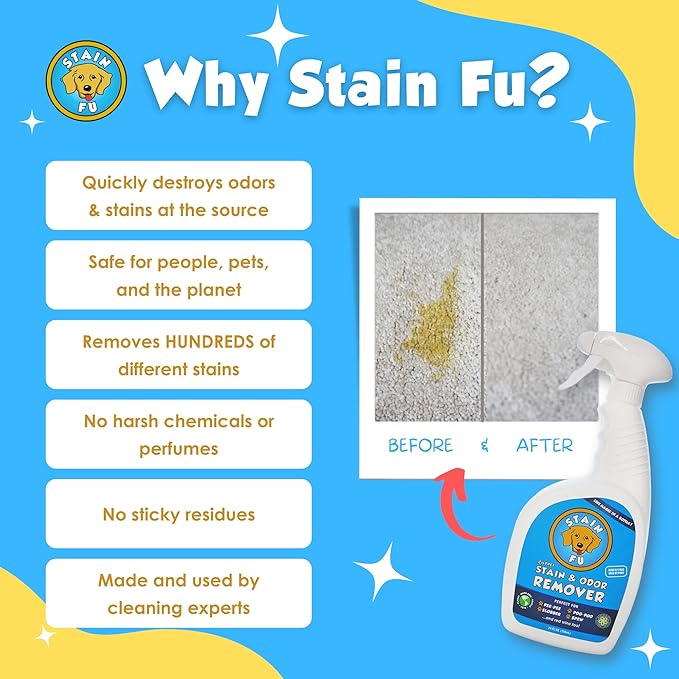 STAIN FU Pro Strength Carpet Odor & Stain Remover Works Like Magic in a Bottle on Tough Urine Feces Vomit and Even red Wine Too! 24 fl.oz