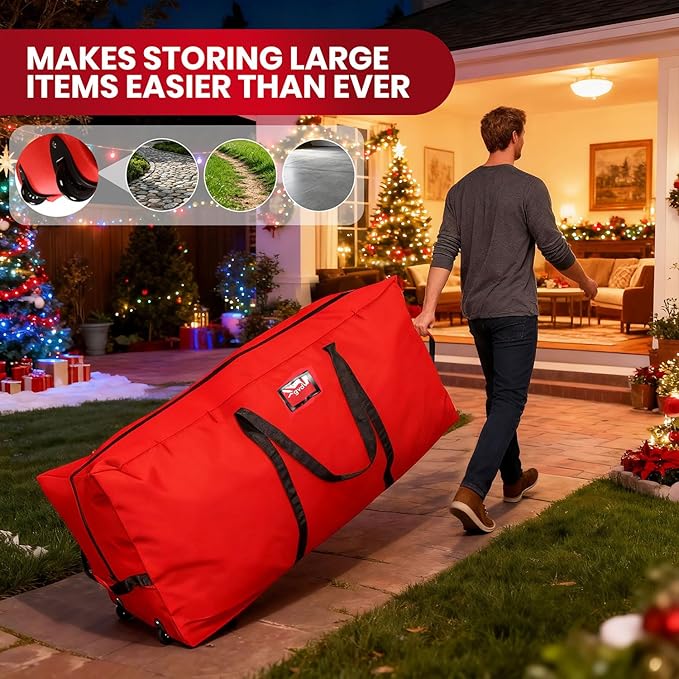 GVDV Rolling Christmas Tree Storage Bag Fits 7.5 Ft Artificial Trees, 600D Oxford Waterproof Heavy Duty Canvas, Large Holiday Xmas Box Container with Wheels, Reinforced Handles & ID Slot, Red