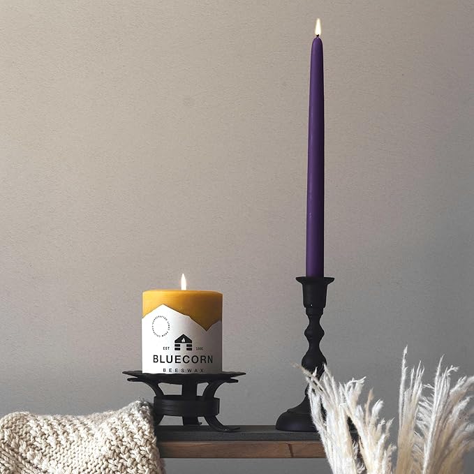 Bluecorn Beeswax Taper Candles, 100% Pure Natural Bees Wax, 8 Inch Pair, Purple Candlesticks, Unscented, Clean Burning & Dripless, Long Lasting, Thanksgiving & Christmas Decor, American Made, 1 Count