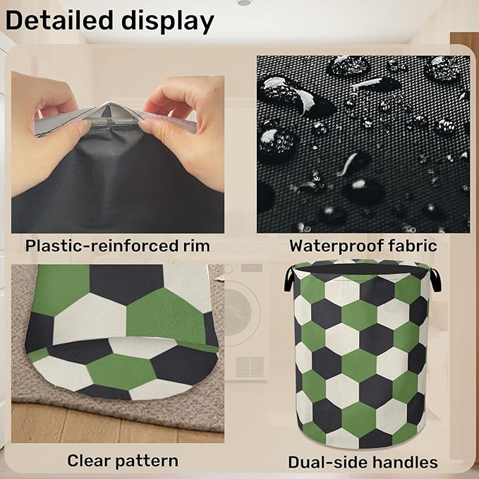 Soccer Large Clothes Hamper Bag - Laundry Basket with Handles, Space Saving Foldable Design for Nursery
