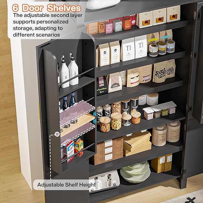 71" Tall Arched Pantry Cabinet, Arched Fluted Kitchen Storage Cabinet with Doors and Adjustable Shelves, Modern Black Cupboard Organizer for Kitchen, Dining Room, Living Room