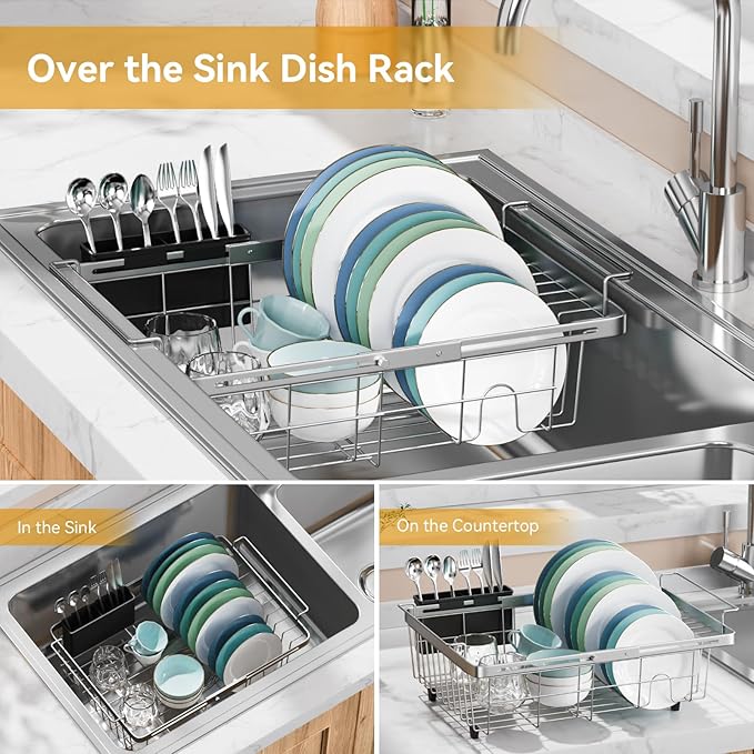 Homics Expandable in Sink Dish Drying Rack, Adjustable Capacity (10.5''-16'') Stainless Steel Over The Sink Dish Drying Rack, Dish Drainer for Kitchen Sink Counter with Utensil Holder
