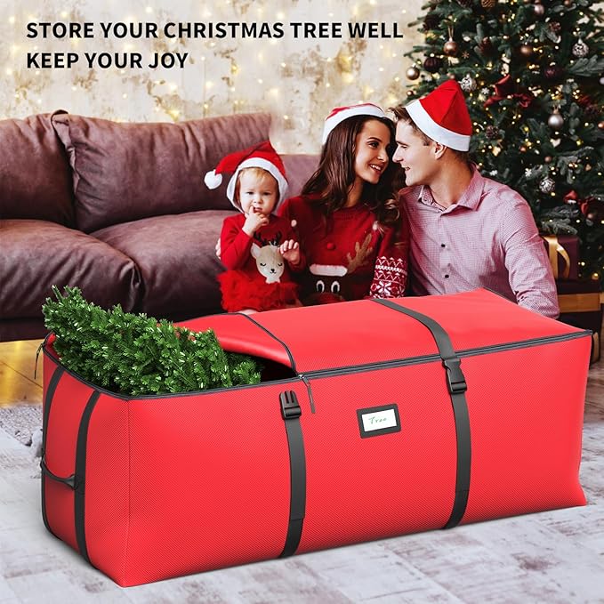 Christmas Tree Storage Bag, Fits Up to 9 Ft Artificial Christmas Tree with Buckle Straps & Dual Zippers & Handles, 600D PVC Durable Waterproof Material Protects from Dust.(Red)