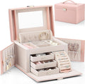 Vlando Jewelry Box Organizer for Girls Women, Large Baroque Jewelry Holder Organizer with Mirror, 3 Drawers for Bracelets, Earrings, Rings, Necklaces, Mothers Day for Loved One, Pink
