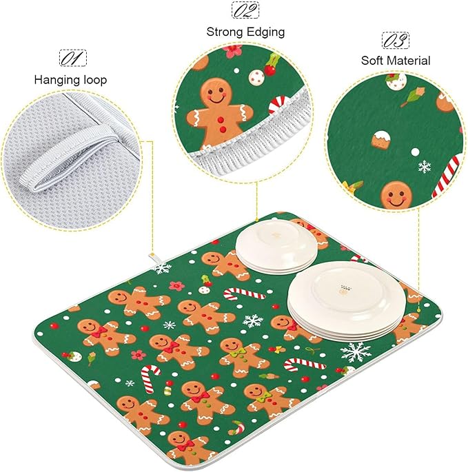 Christmas Gingerbread Man Dish Drying Mat for Kitchen Countertop 18x24 Winter Snowflake Candy Cane Green Large Drying Mat Reusable Quick Dry Dish Sink Mats Easy Clean Decorative Essentials