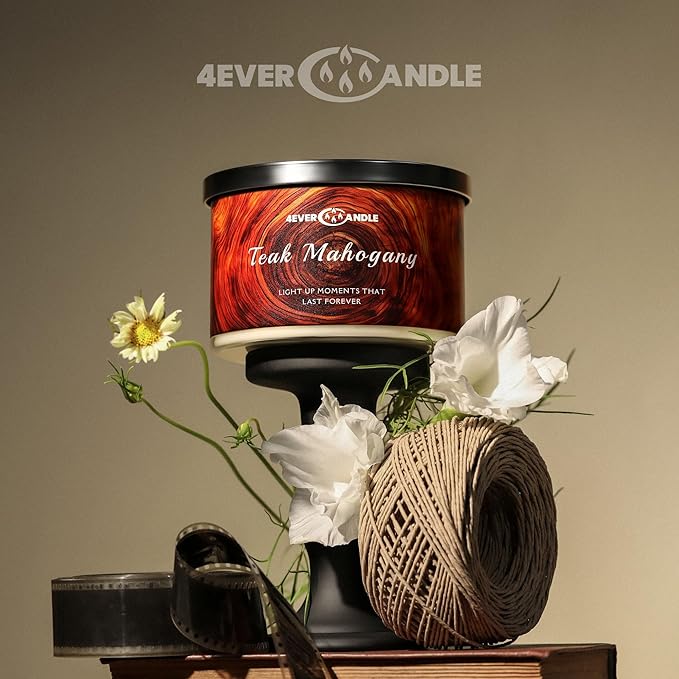 4EVER Scented Candles | 4-Wick 18oz Soy Wax Candle | Up to 50Hrs Clean Burn | Aromatherapy Candles for Home Scented | Gifts for Women & Mom, Teakwood & Mahogany