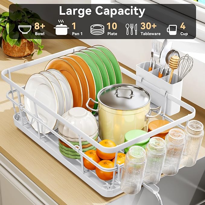 TOOLF Large Dish Drying Rack for Kitchen Counter,Kitchen Dish Racks with Drainboard,Sink Dish Strainer Rack,Countertop Dish Drainer Rack with Cup & Utensil Holders,White