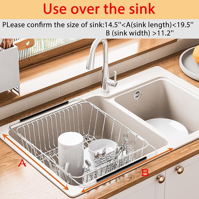 NiuYichee Stainless Steel Dish Drying Rack(15.2"L X 11"W X 5.3"H), Expandable Fruit & Vegetable Drain Rack over Sink, Dish Drainer Rack in Sink, with Stainless Steel Utensil Holder & Silicone Mat(16")