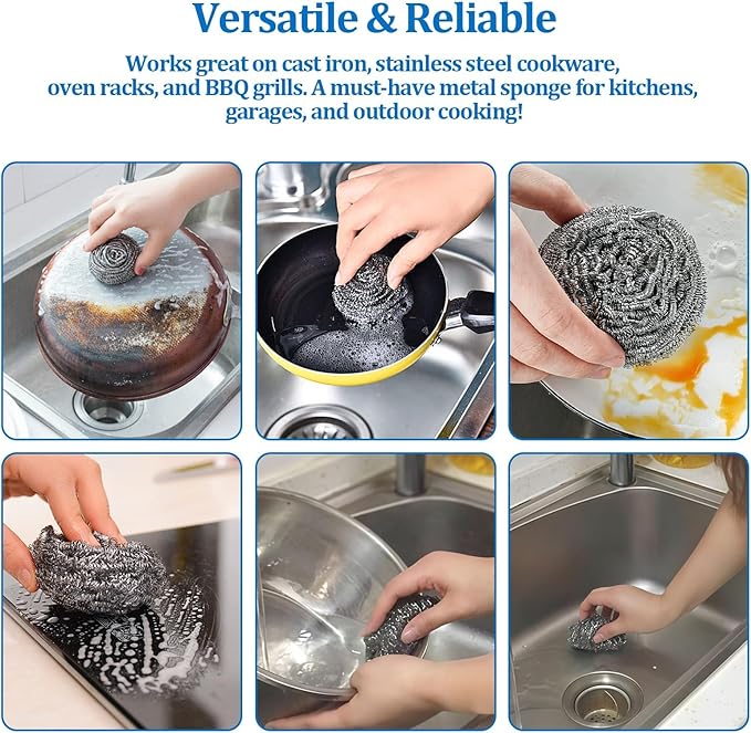 Steel Wool Scrubber Heavy-Duty Stainless Steel Scrubber Pads for Pots, Pans, Grills, and Stovetops 1.06oz, Ideal for Home and Commercial Use (12-Pack)