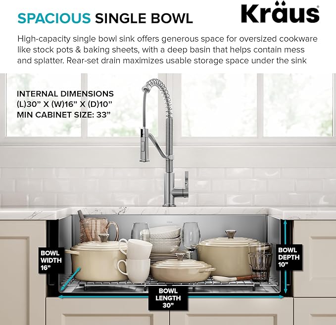 Kraus KHF200-33 Standart PRO Stainless Steel Sink 33 inch Farmhouse Apron Single Bowl 16 gauge
