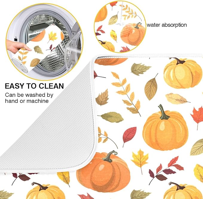 Fall Pumpkin Pattern Dish Drying Mat for Kitchen Countertop 16x18 Autumn Leaves Thanksgiving Day Small Drying Mat Reusable Quick Dry Dish Sink Mats Easy Clean Decorative Essentials