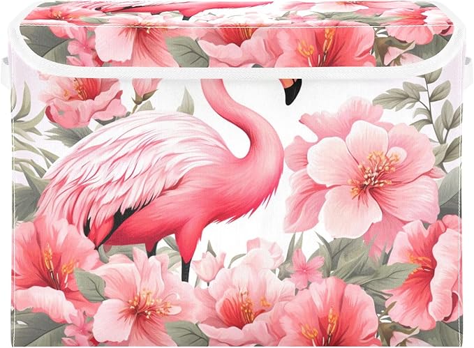 Bolaz Storage Bins with Lids and Handles,Pink Flamingo Storage Box Storage Basket with Cover Collapsible Organizer Containers for Home Closet, Shelves
