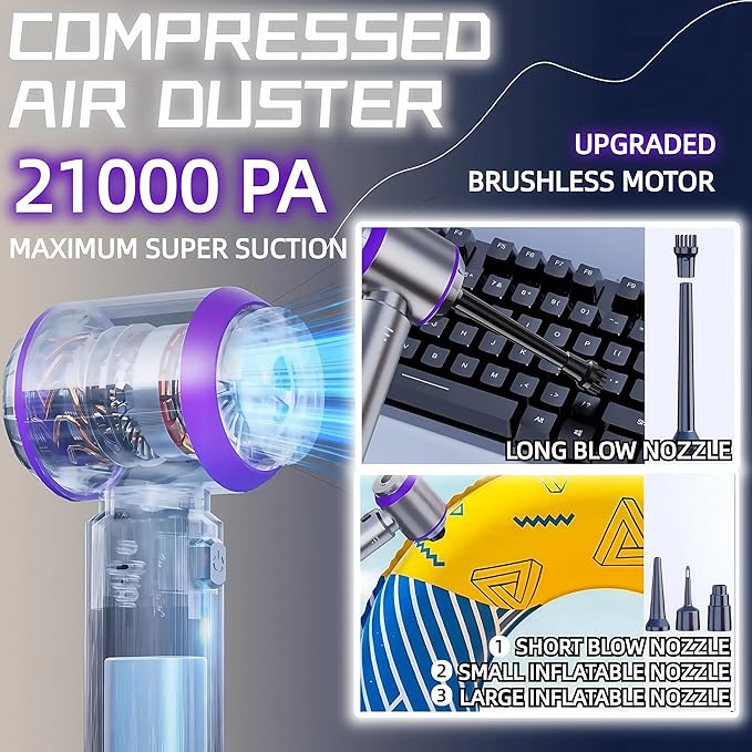 LYCVVVGS Handheld Car Vacuum Cleaner, 21000PA Rechargeable High Power Cordless Mini Vacuum Cleaner and Blower 4-in-1 with 3 Gear, Vacuum with Brushless Motor for Car, Home, Office, PC