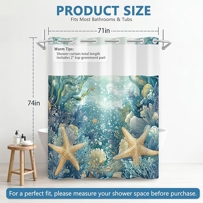 Ocean Theme No Hook Shower Curtain with Snap in Liner, Double-Layer Waterproof Shower Curtains with Mesh Top Window and Weighted Hem, Starfish Coastal Shower Curtain for Bathroom Decor, 71x74 Inches