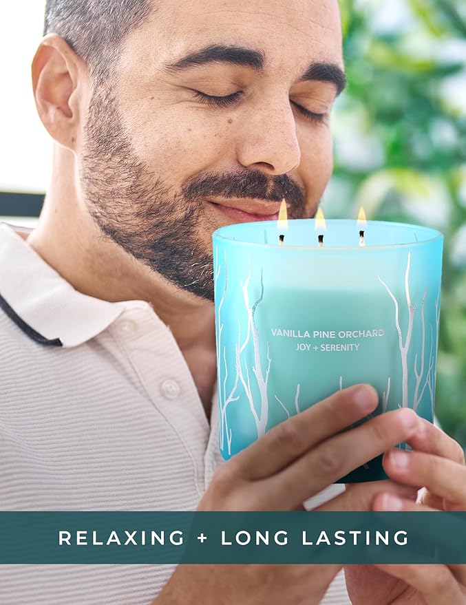 Vanilla Pine Orchard 3 Wick Soy Candle Large 14.5oz | Fresh Vanilla Pine Scented Candles for Home | Teal Blue Frosted Decorative Spring Candle | Clean Woodsy Scent | Aromatherapy Candle, Birthday Gift