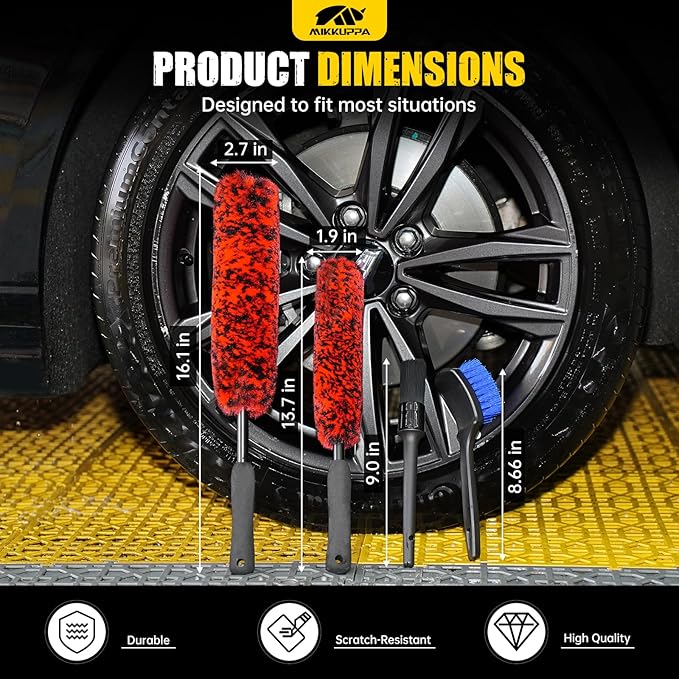 MIKKUPPA Car Wheel Brush Set - Durable Scratch-Free Rim& Stiff Bristles Tire Cleaner Brush, Multipurpose Car Detailing Brushes, Car Cleaning Tools for Washing Exterior (4 Pack)