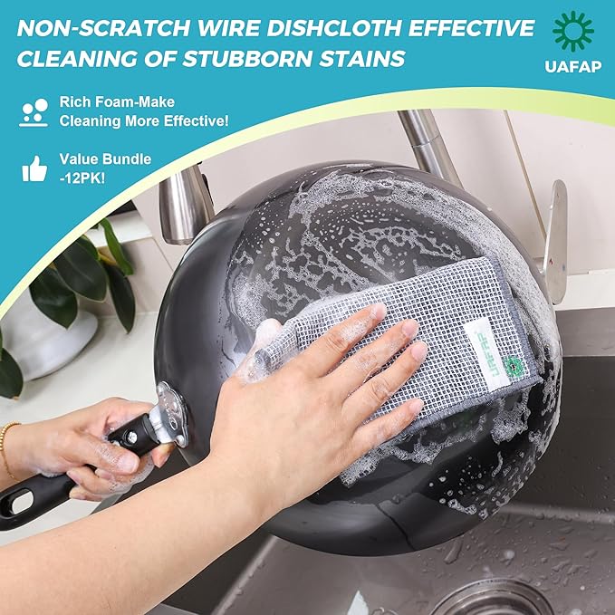 UAFAP 12 Pcs New Upgrade 3-Layer Non Scratch Wire Dishcloth,Cleans Fast Without Scratching, Stands Up to Stuck-on Grime, Multi-Surface Safe, Cleaning Power for Everyday Jobs 7.87“ x 7.87”
