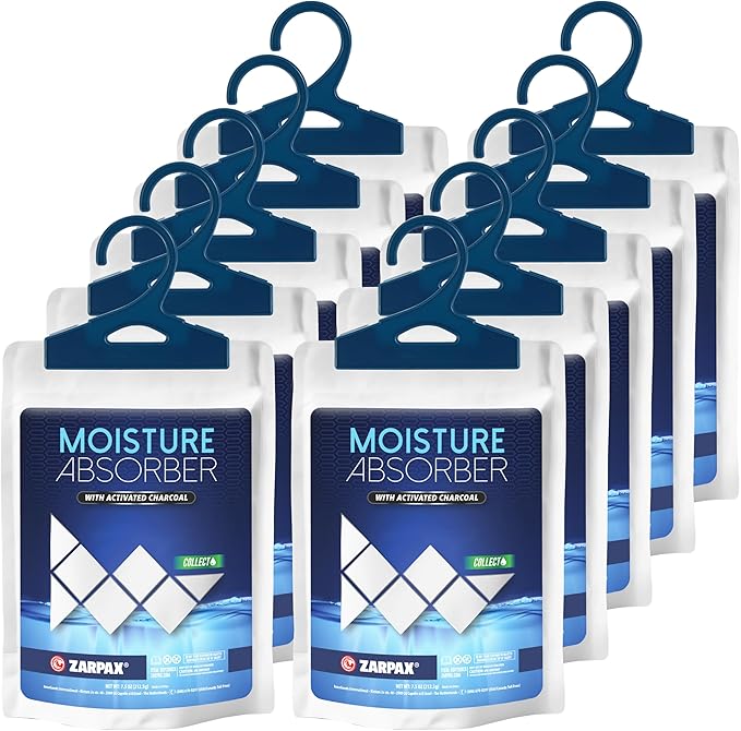 Zarpax Moisture Absorber Sachets Activated Charcoal 7.5 oz/212g - Remove Excess Moisture In Air & Odor - Desiccant Dehumidifier for Closet, Drawer, Storage - Dampness & Humidity Control - Set of 10