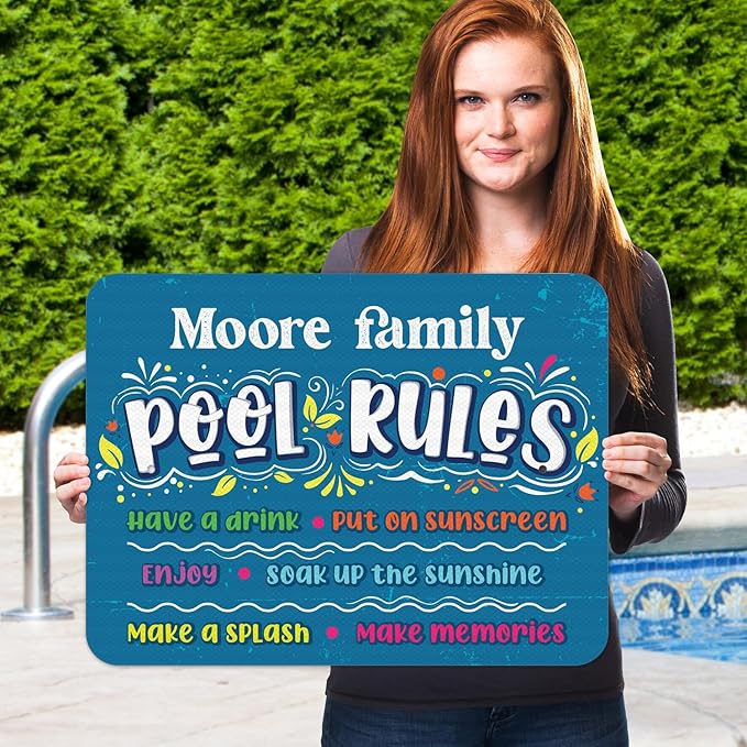 Custom Pool Sign, Pool Rules Make Memories for Pool Decor Sign, 18x24 Inches, Rust Free .063 Aluminum, Fade Resistant, Made in USA by Sigo Signs