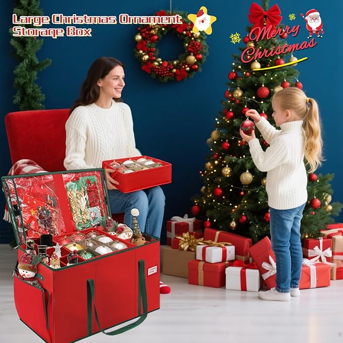 Large 2-in-1 Christmas Ornament Storage Box & Xmas Figurine Container,4 Separate Trays Keep 64-3"/ 36-4" Holiday Ornaments,Adjustable Extent Area for Figurines and Pockets for Decoration