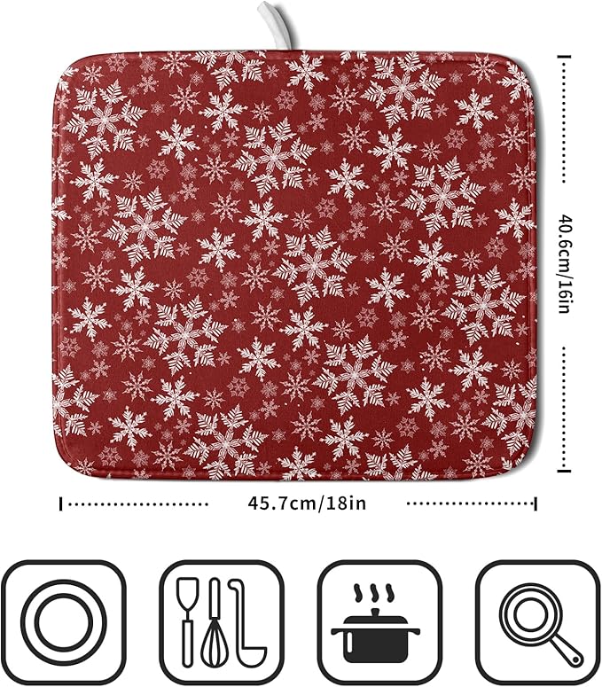 Christmas Dish Drying Mat for Kitchen Counter 18x16 Inch Xmas Snowflake Drying Mat with Absorbent Reversible Microfiber Red Dish Drainer Mats Rack Pad for Coffee Countertop Protector