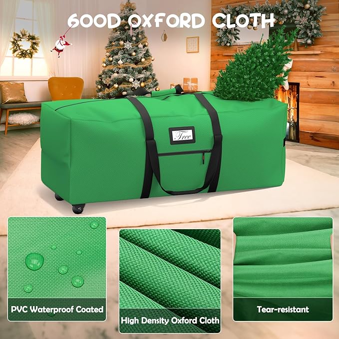 Mrrihand Christmas Tree Storage Bag, Large Artificial Anti-Tear Heavy-Duty 600D Oxford Cloth Xmax Christmas Tree Storage Box with Rolling Wheels, Christmas Tree Storage Container (Bright Green, 9Ft)